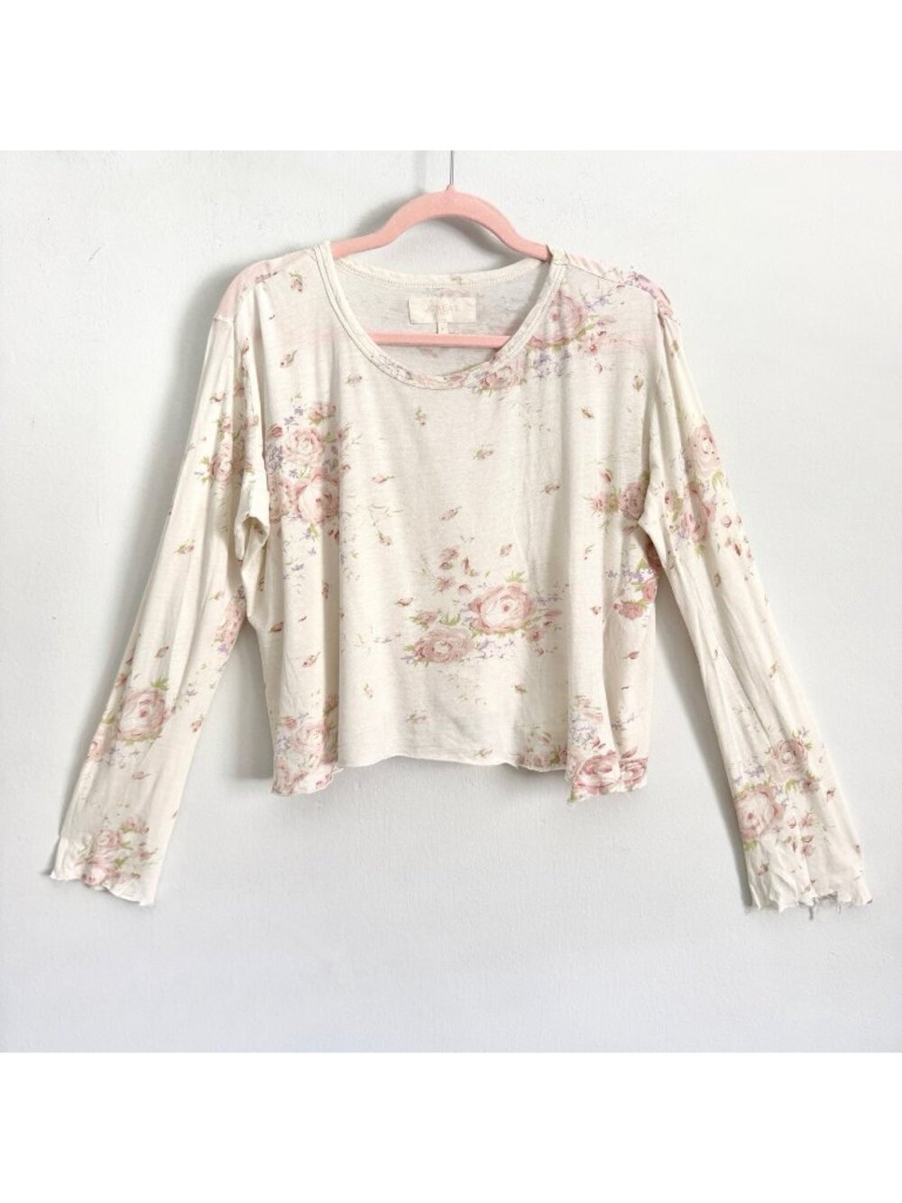 The Great. Sleep White Pink Floral Long Sleeve Cropped Shirt Raw Hem Sz O / XS